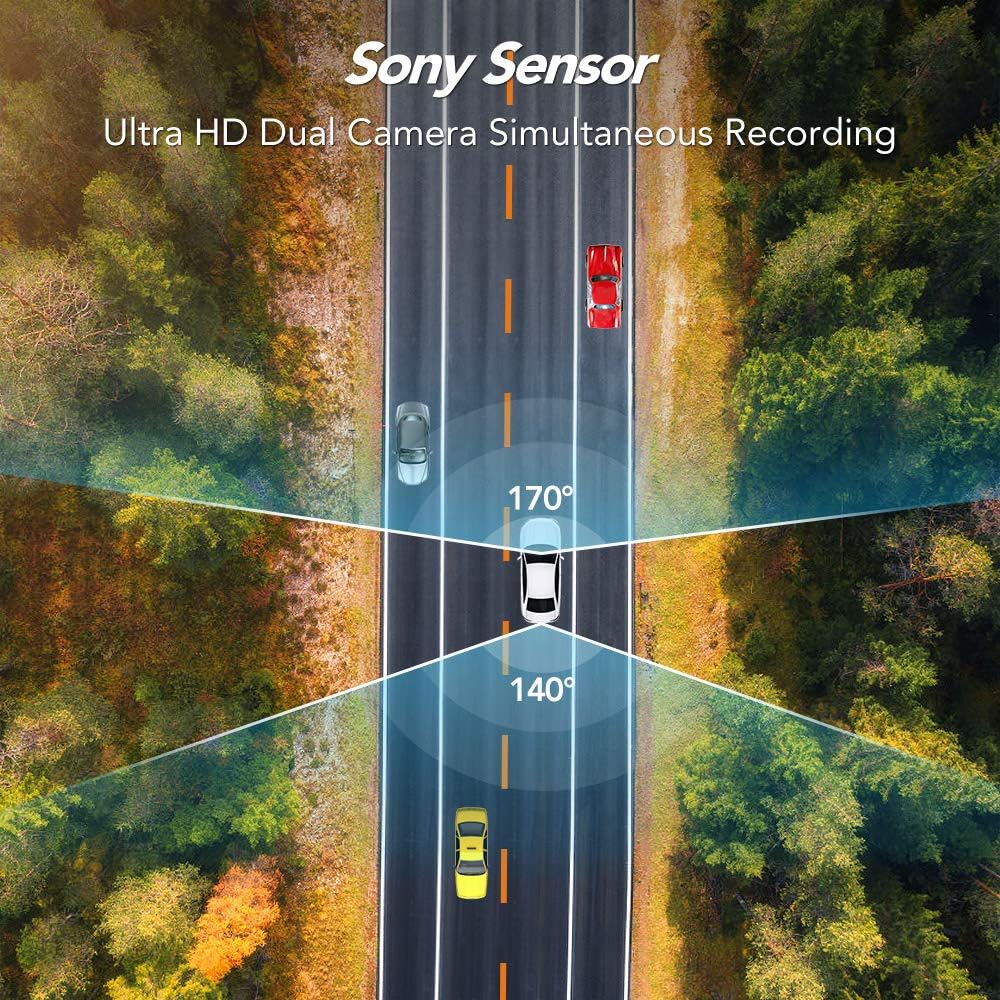 Aerial view illustrating the 170-degree front wide angle and 140-degree rear wide angle coverage of the dash camera.