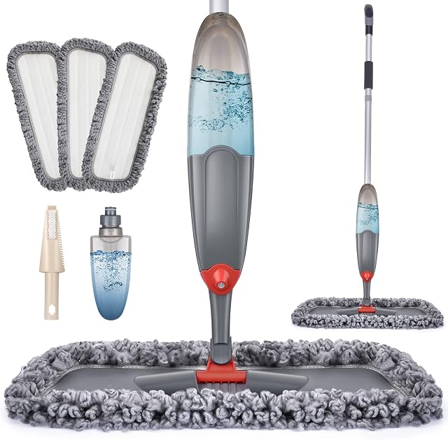 Spray Mops for Floors, Domi-patrol Microfibre Flat Floor Mop with Spray Dry Wet Mop for Hardwood Laminate Tiles Floors, Dust Mop with 3 Reusable Microfiber Pads & Refillable Bottle, Black