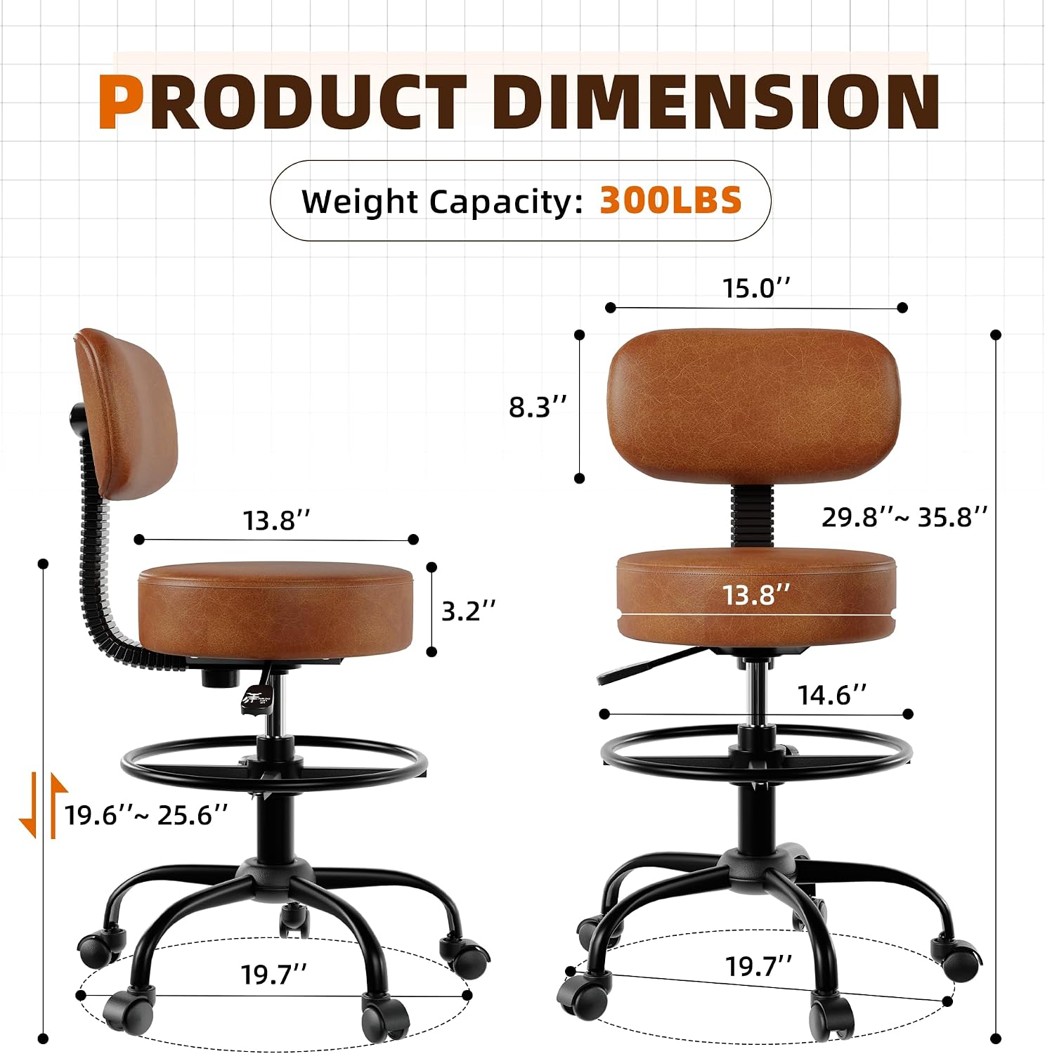 Drafting Chair with Back, Adjustable Foot Rest Rolling Stool(1,Brown)