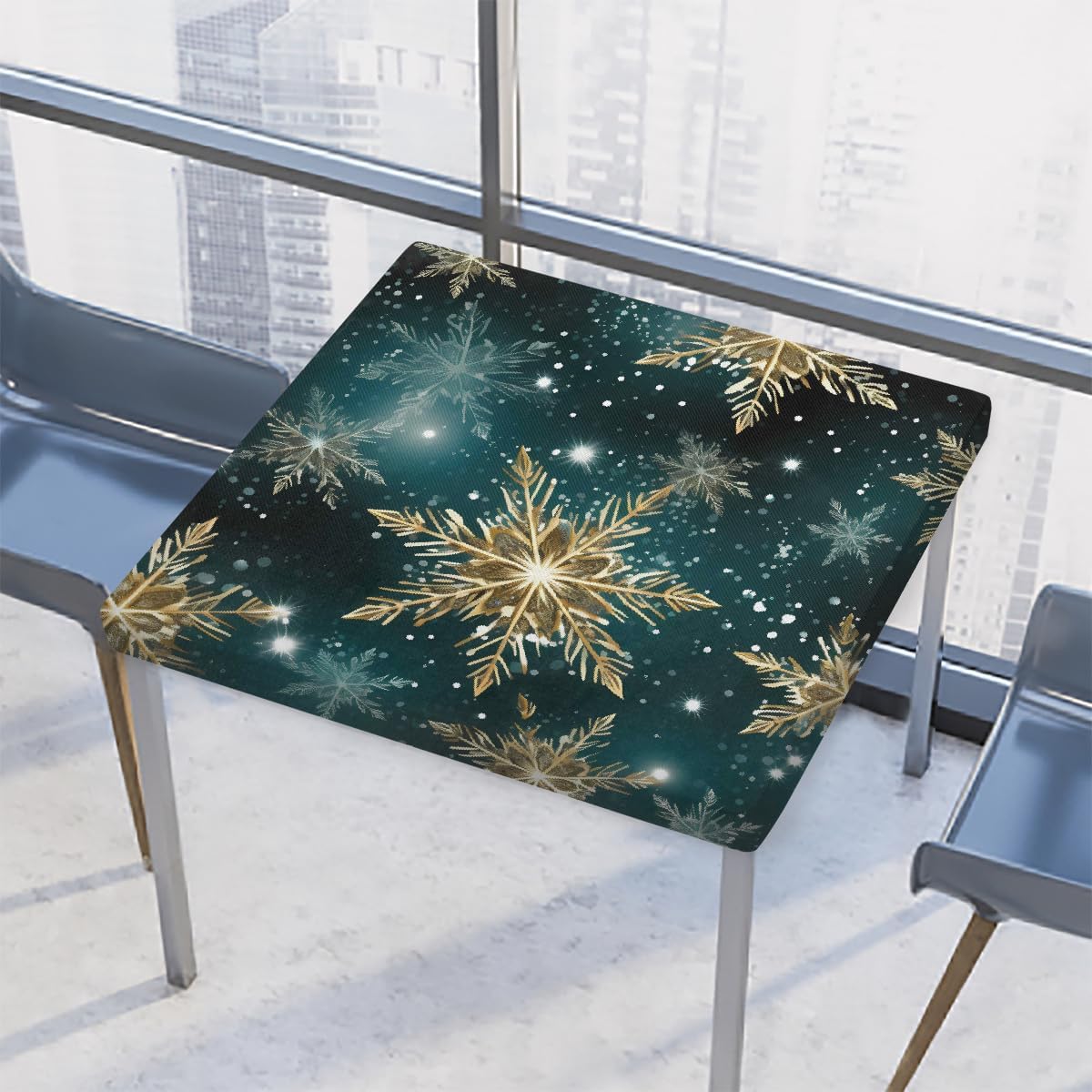 Christmas Golden Snowflakes Square Tablecloth Winter Snowflake Elastic Edges Table Cover Waterproof Card Table Cover Fitted for Outdoor Patio Kitchen Dining Tables, 34X34 Inch