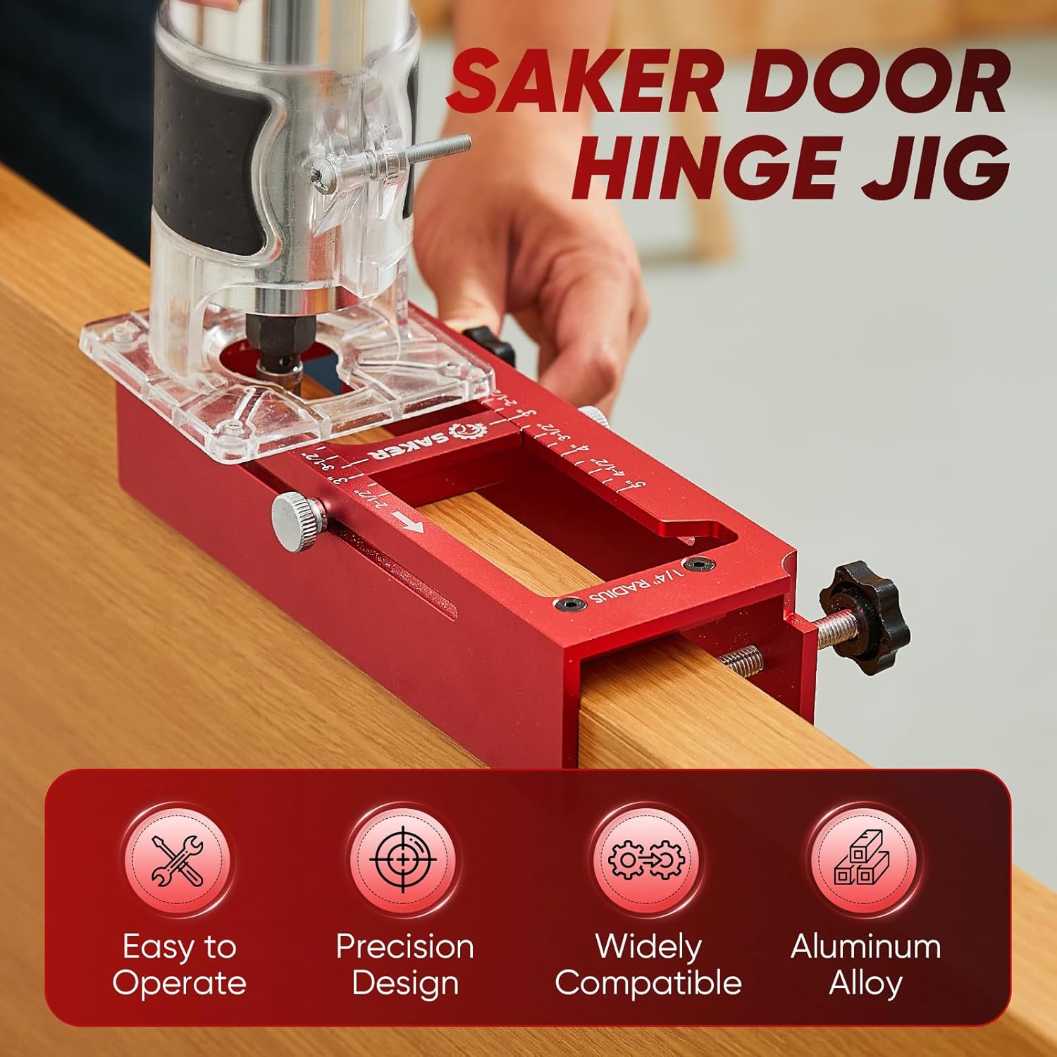 Saker Door Hinge Jig and Deep Hole Pencil Set,Aluminum Alloy Doors Hinges Router Jig,Adjustable Doors Jamb Hinge Jigs,Fits Door Hinges from 2.5" to 5" Length and Thicknesses,Radius 1/4” or Radius 5/8”