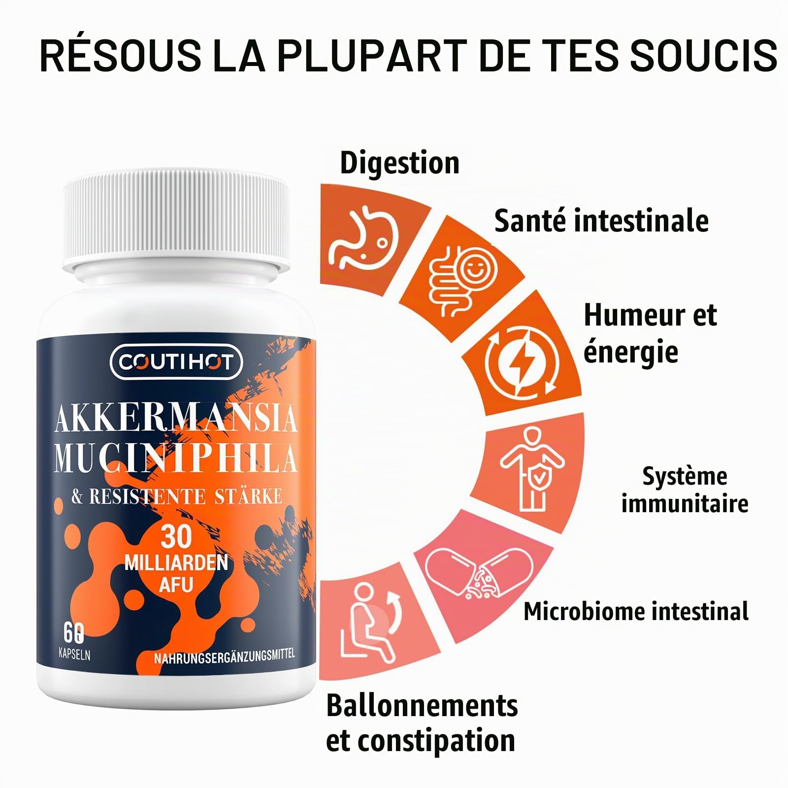 Akkermansia Muciniphila 30 Billion AFU - Enhanced with Resistant Starch | Formule sans OGM et sans gluten pour les femmes et les hommes - 120 capsules à libération retardée
