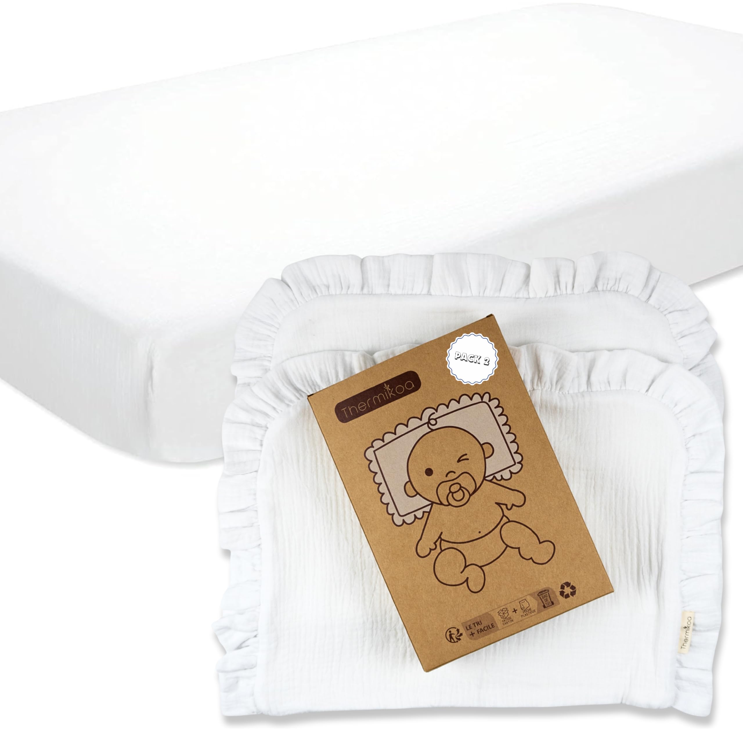 Thermikoa Kit di lenzuola con angoli in mussola e confezione da 2 salvavita per navicella, minicella o mosè - 100% cotone bavula morbido e traspirante - Coprimaterasso regolabile e lavabile per