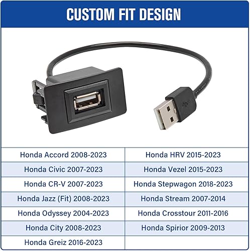 Miniatura 4 de Anina Cargador de coche con puerto USB para Honda, adaptador de enchufe de alimentación USB macho a hembra, cable de extensión de montaje empotrado