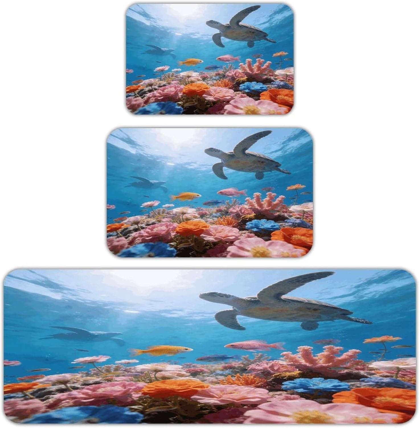 Blue Sea Flower Island Kitchen Rugs Sets of 3 Non Slip Kitchen Mat for Floor Comfort Standing Rug and Mats Thick Cushioned Long Area Carpets for Laundry Room Entryway