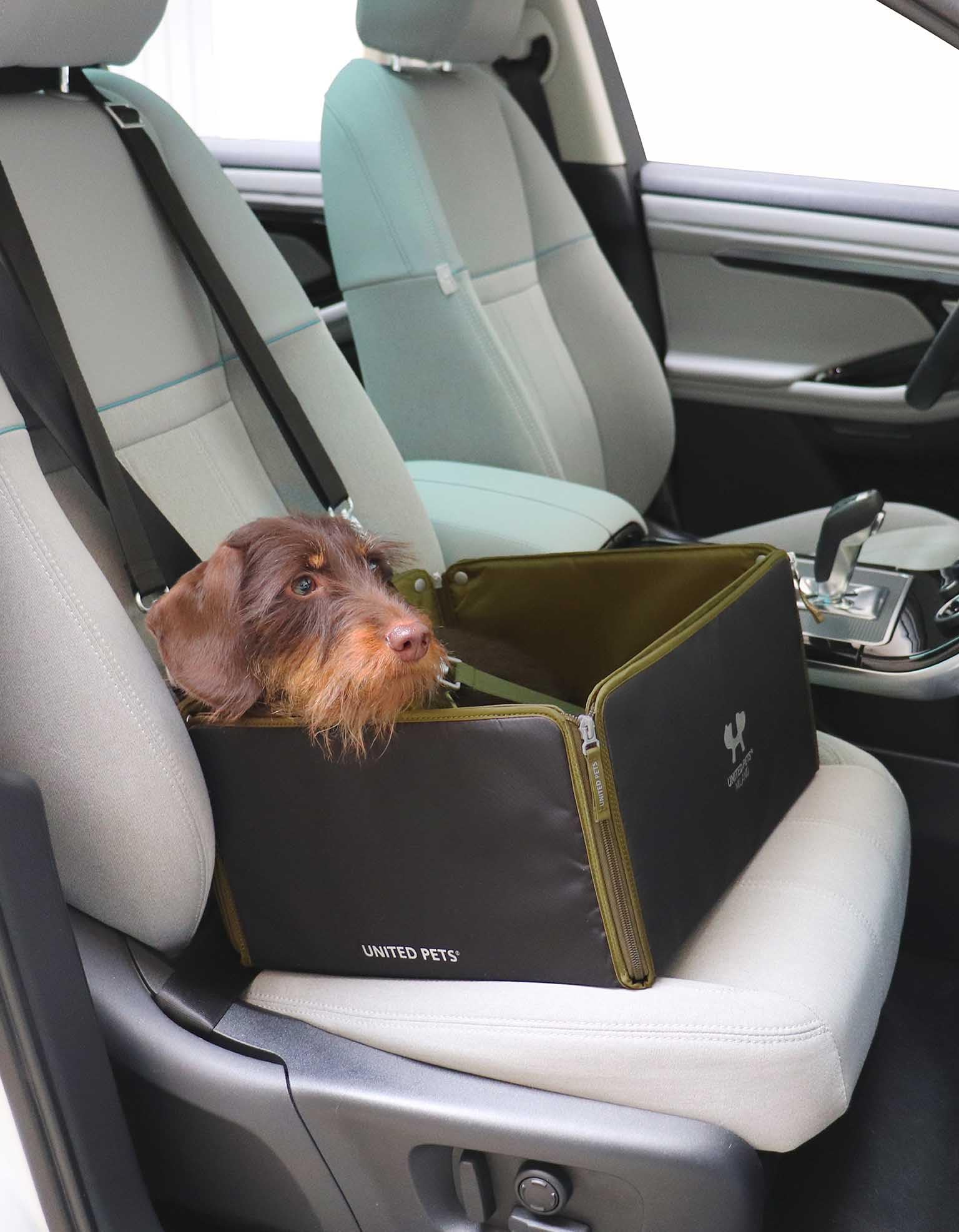 UNITED PETS Car Box - Transportín Coche para Perros - Funda Interior Lavable 100% R-Pet Negro Verde Plegable Compatible con Todos los Coches Transportín de Viaje