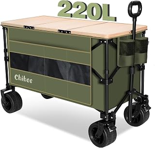 Chihee Carrito de jardín Plegable Carrito de Playa,Carro de Playa Plegable Gran Capacidad 220L,Portátil Carro Ruedas Todo Terreno con Bolsillo Sobredimensionado 1 Escritorio Plegable 2 Portabebidas