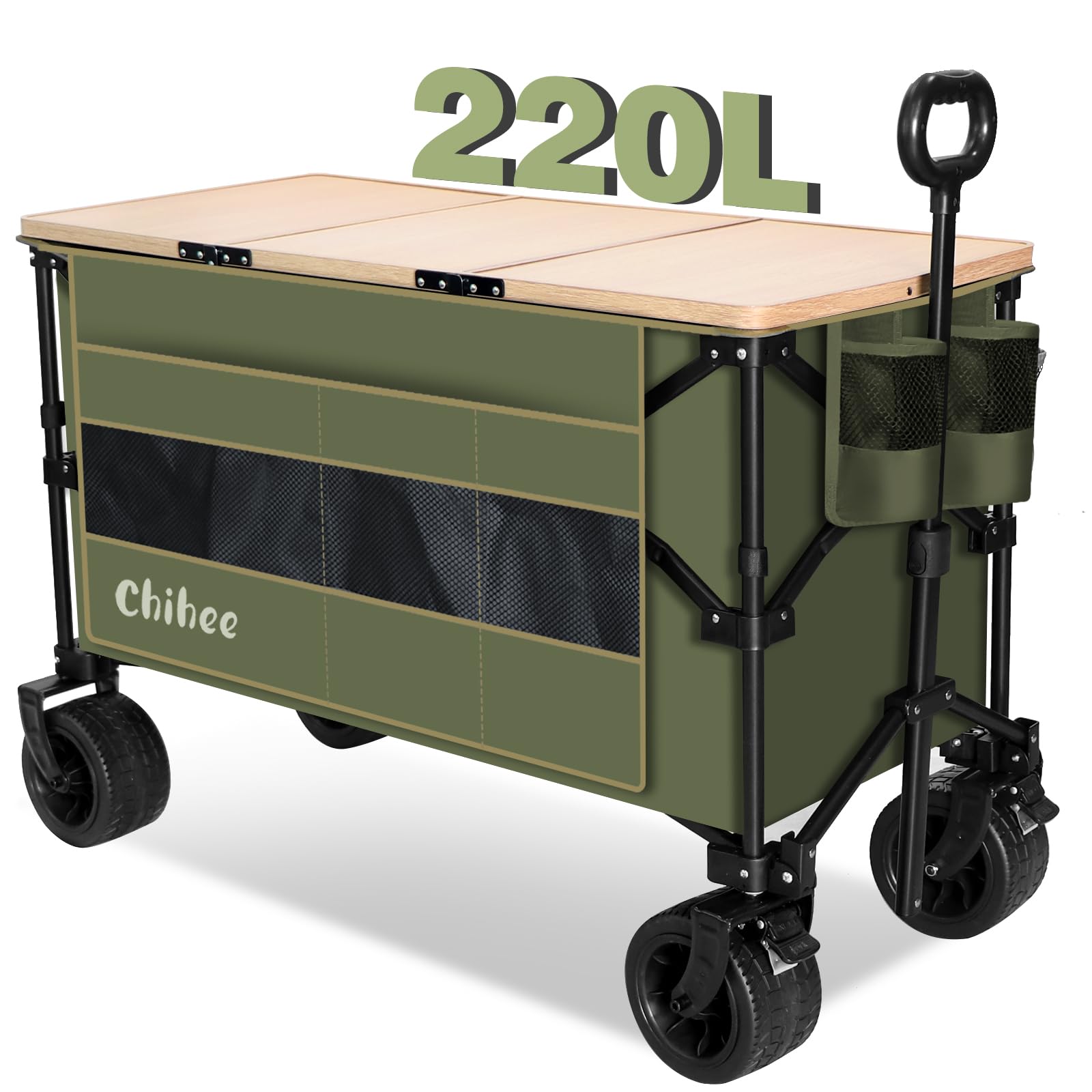 Chihee Chariot de Jardin Pliable Chariot Utilitaire,Chariot de Plage Pliant Capacité 220L,Très résistant Roues Tout Terrain Pochette surdimensionnée 1 Bureau pliable2 Porte-Boissons