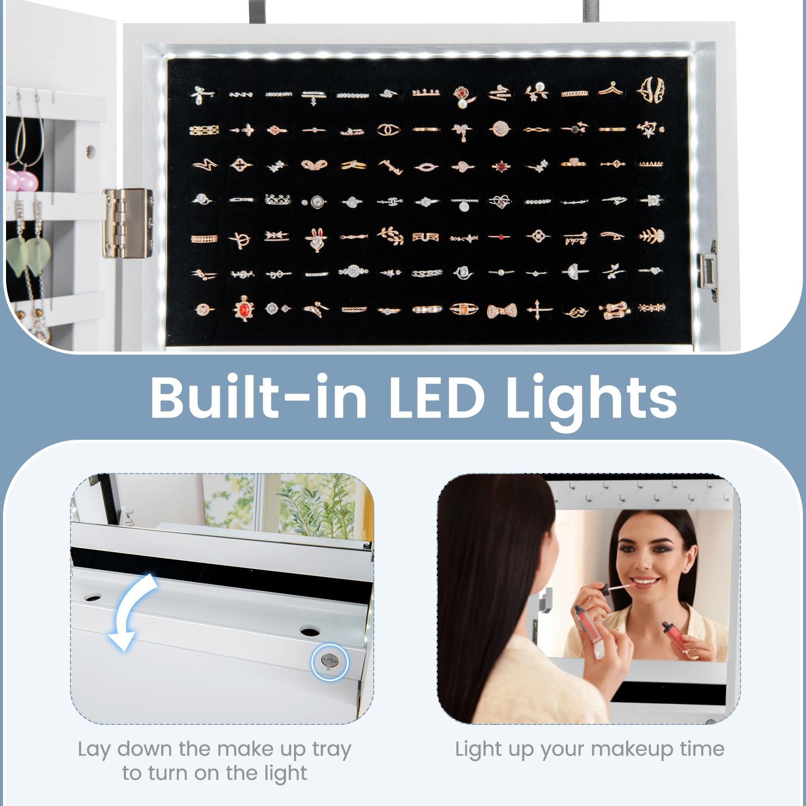 GOPLUS Schmuckschrank mit Spiegel, Spiegelschrank hängend mit LED-Beleuchtung, Wandschrank mit Innenspiegel, Ablagen & Schubladen, Wandmontage & Türmontage