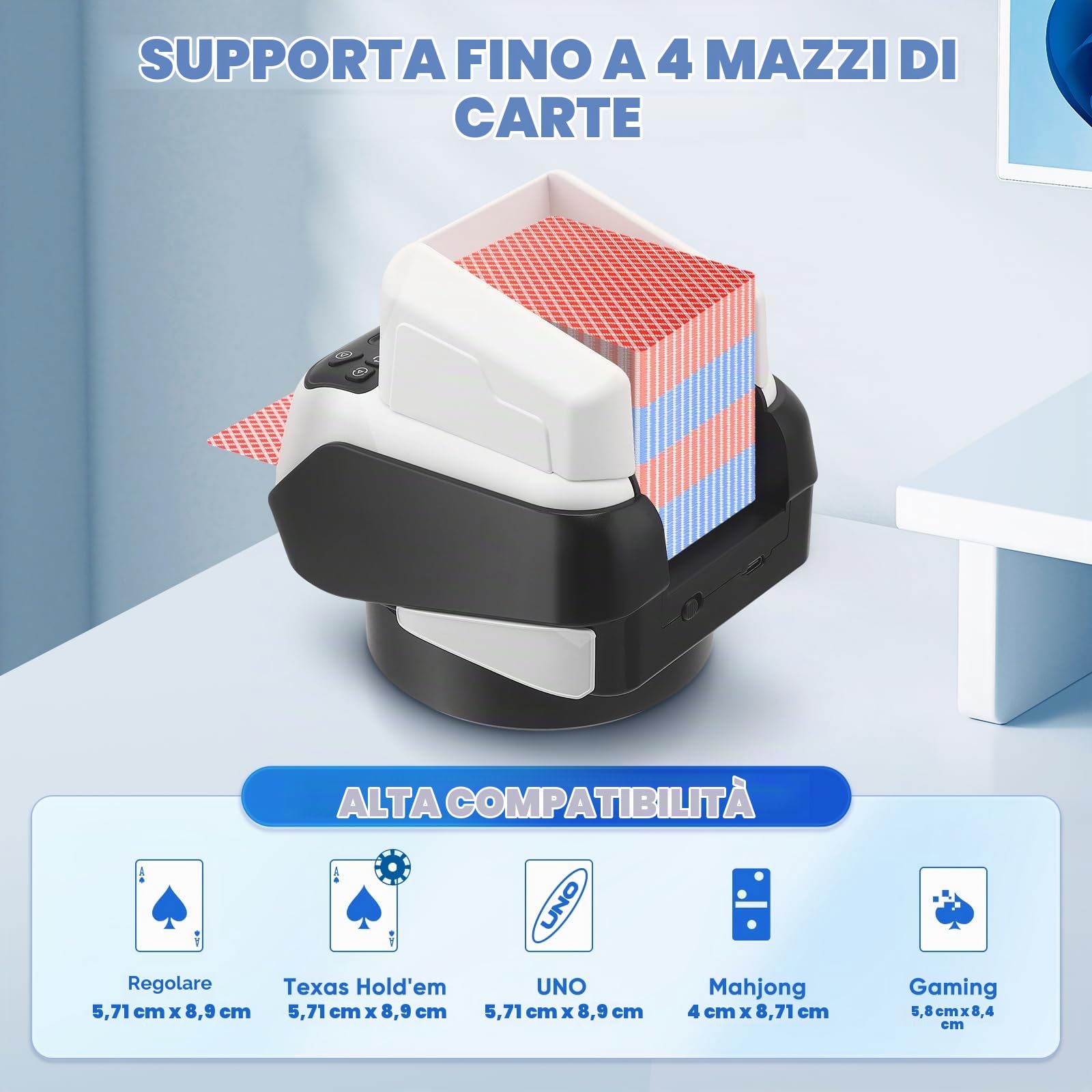 Distributore Automatico di Carte, Rotazione 360° per 1–2 Mazzi, 2–8 Giocatori, Ricaricabile & Silenzioso per Giochi Come Poker, Blackjack, Uno, Texas Hold'em o Personalizzabili