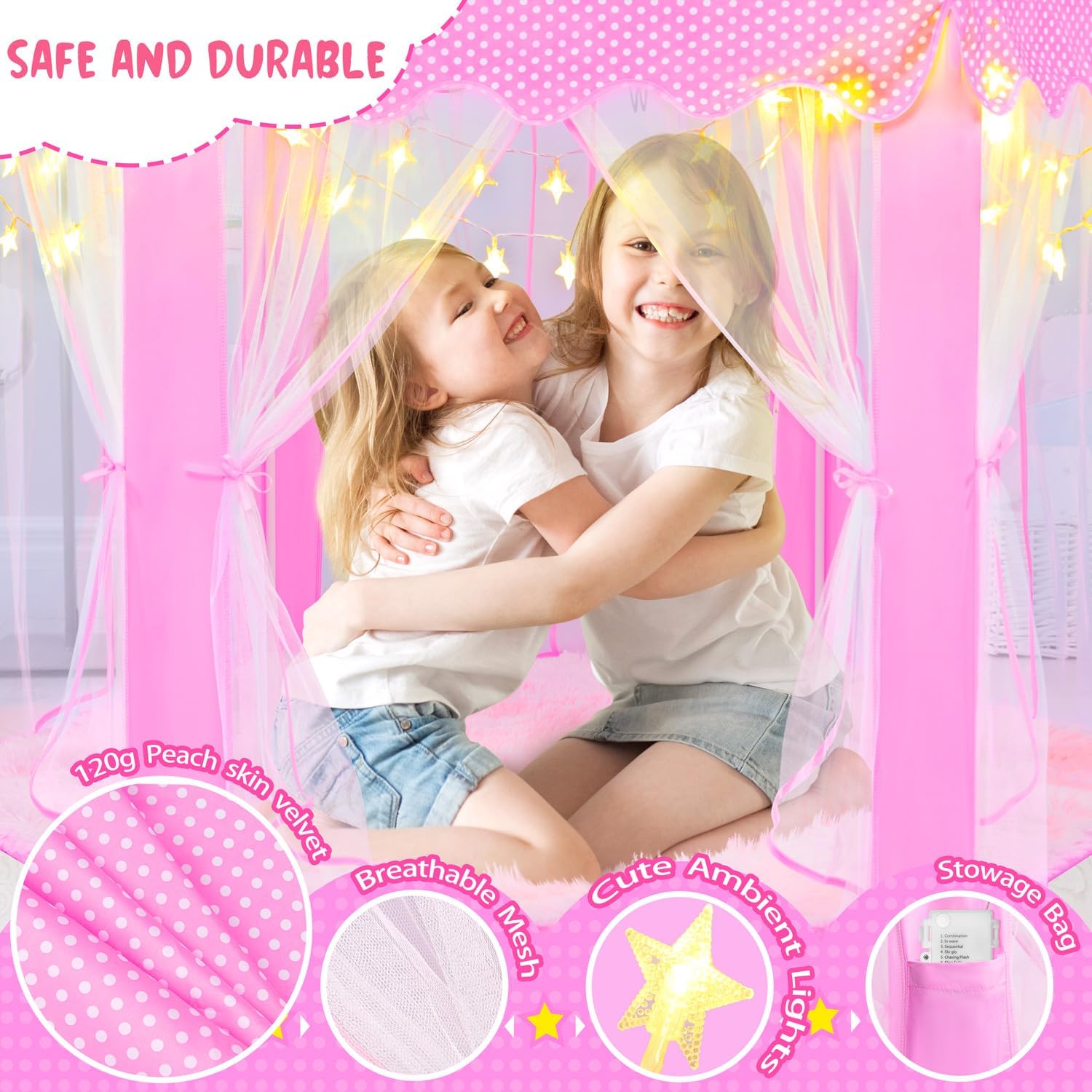 Pink Princess Tent for Girls With LED Small Star Lights, Castle Playhouse for Children Toddlers Indoor Outdoor Games, 5553 Inches - Image 3