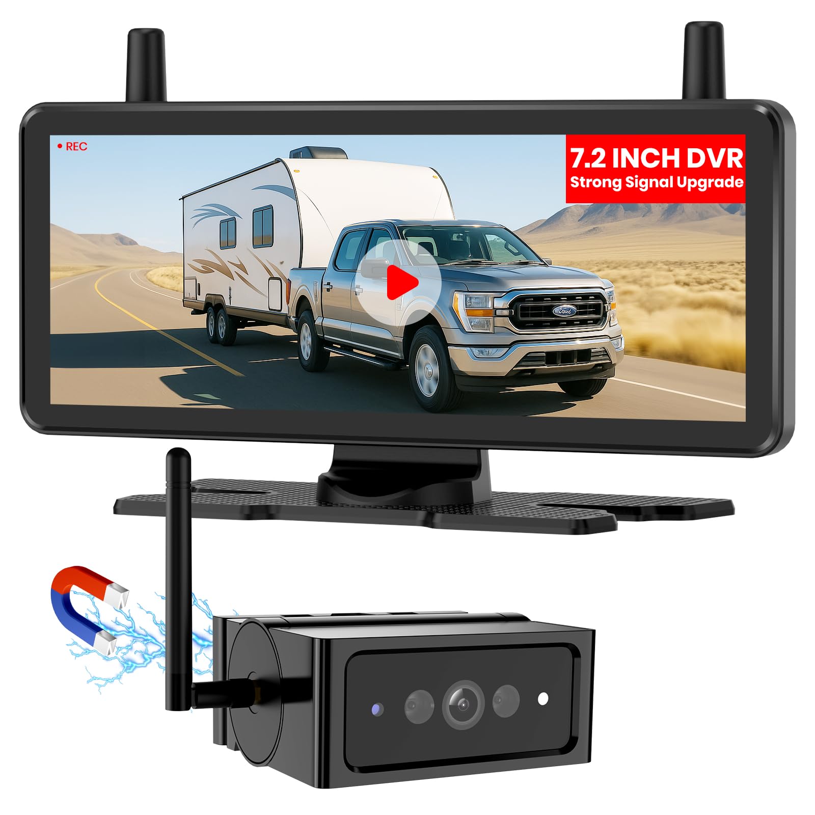 Auto-Vox RV Backup Camera Wireless Kit : Dual Antenna, 7.2" 1080P Split-Screen DVR Monitor, Long-Life Rechargeable Battery, IP69K Waterproof, Night Vision for RV, Truck, Trailer, Car