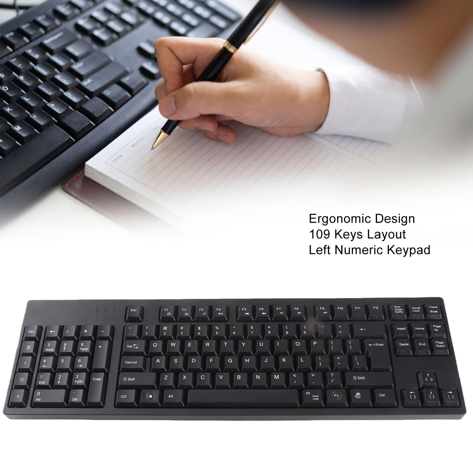 Gugxiom Tastiera per Mancini 109 Tasti Tipo C, Layout Ergonomico, Tastiera Contabile con Tastierino Numerico Sinistro, da Ufficio Plug and Play per Aziende, Designer, Layout Americano Inglese
