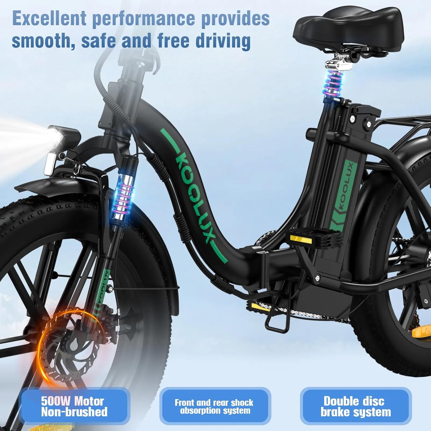 KOOLUX BK6 electric bike components including motor, suspension, and brakes