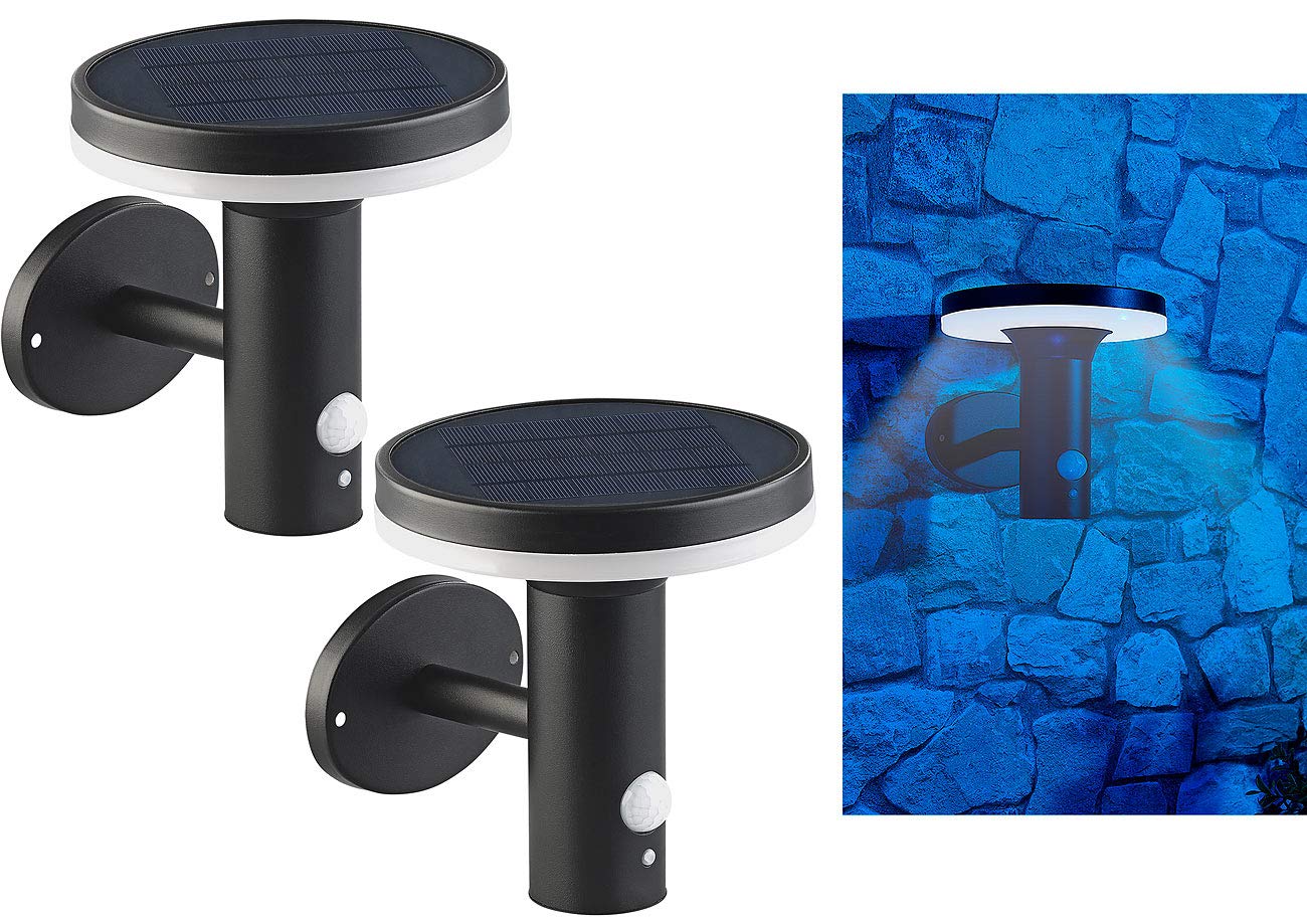Lunartec Wandlampe: 2 Premium-LED-Solar-Wandleuchten, PIR-Sensor, Nachtlicht, 600 Lumen (hochwertige Solar-Wandlampe, Moderne Wandlaternen, Dimmer)