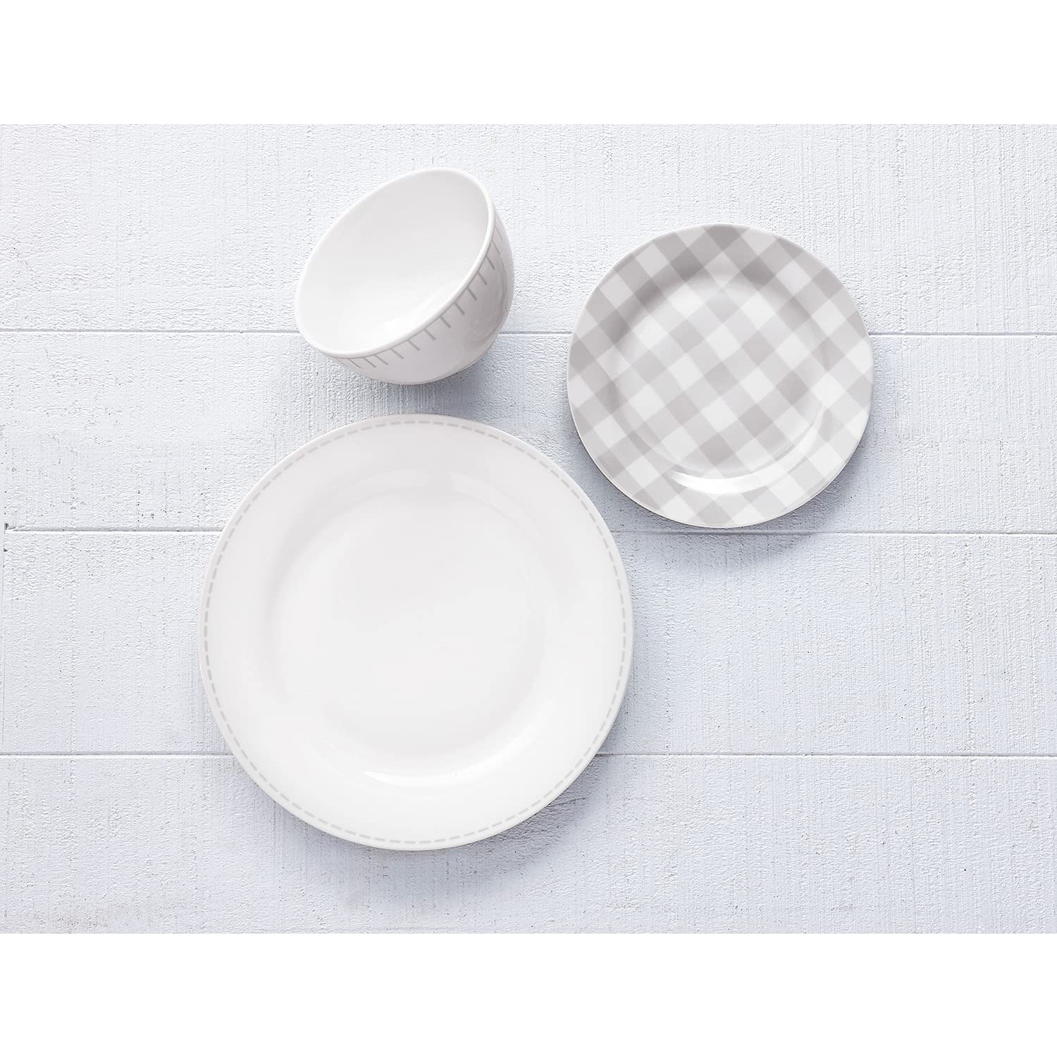 Rustic Cottage Grey, Winter frost white 12 Piece Dinnerware Set, Service for 4, Fiesta Dinnerware, plates and bowls sets, home trends and home food network essentials, Porcelain dinner plates