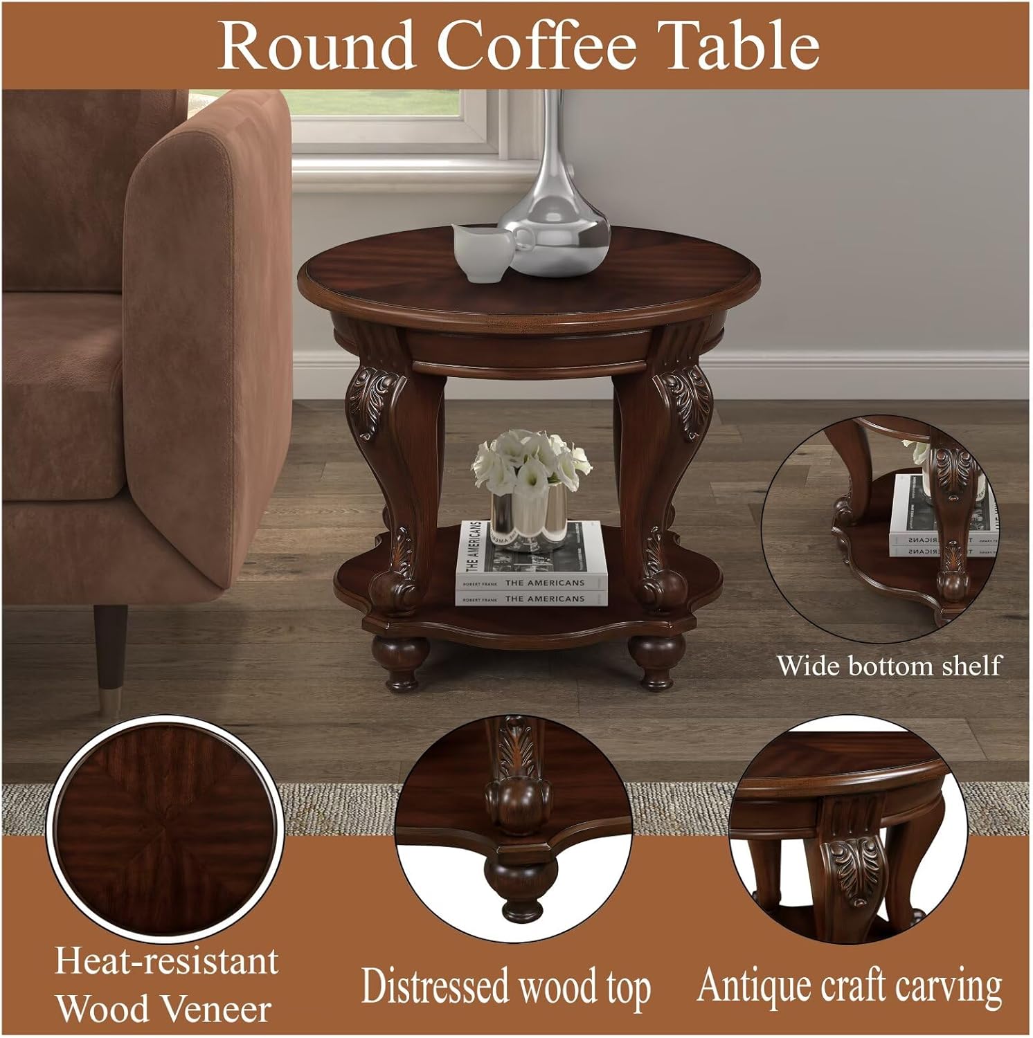 22'' Retro Round End Table,Solid Wood Sofa Side Table with Shelf,Living Room Corner Table Easy Assemble,Cherry (Color Written on Box is Light Espresso)