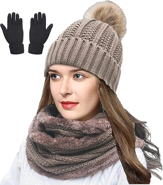 CheChury Winter Hat Scarf and Gloves Set for Women Soft Warm Loop Fleece Scarf Thermal Knitted Pom Cap Touch Screen Gloves Warmer 3 PCS Set