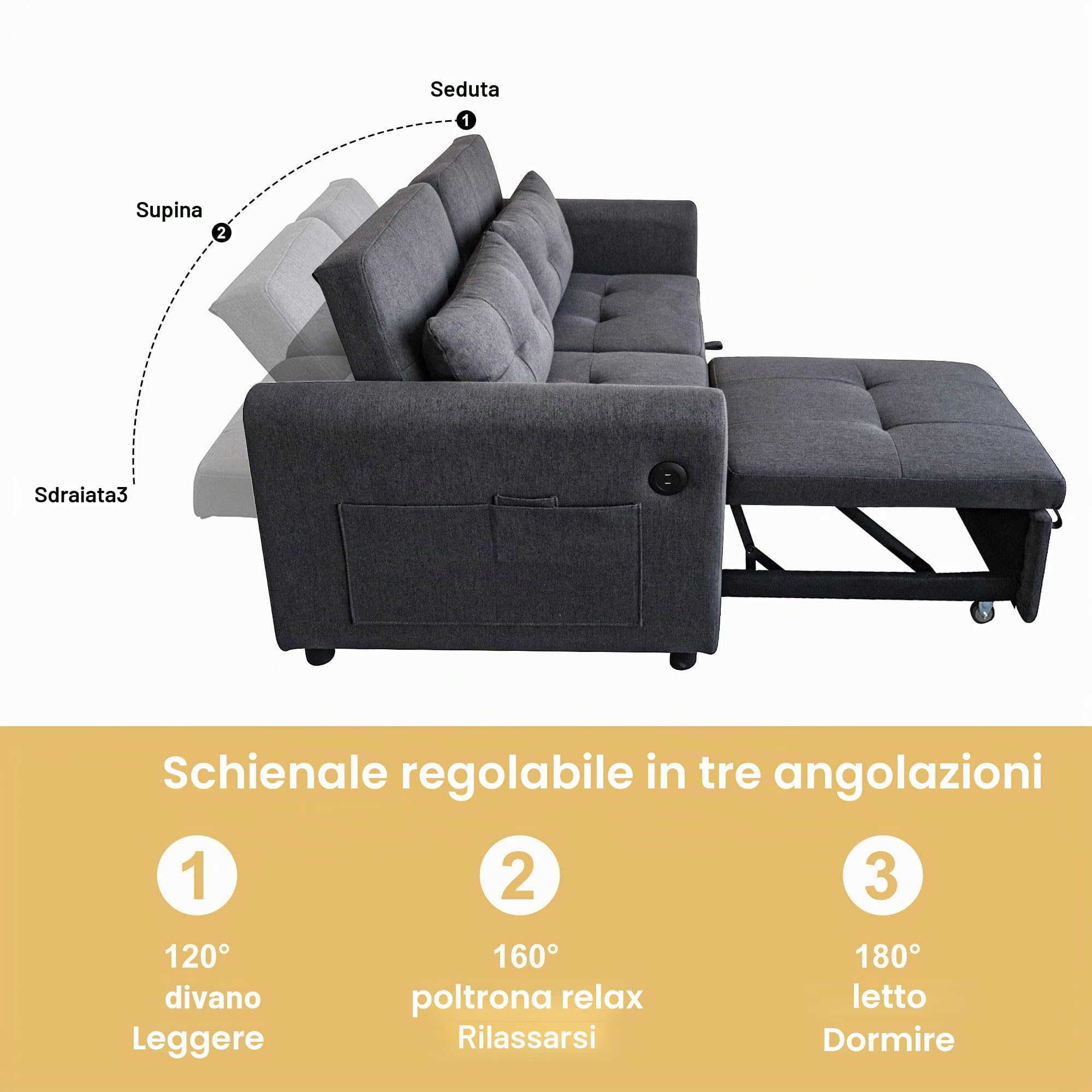 Azkoeesy Divano letto allungabile a 2 posti con funzione letto, larghezza 140 cm, con stazione di ricarica USB, schienale regolabile, 2 cuscini, tasca laterale, adatto per soggiorno, camera da letto