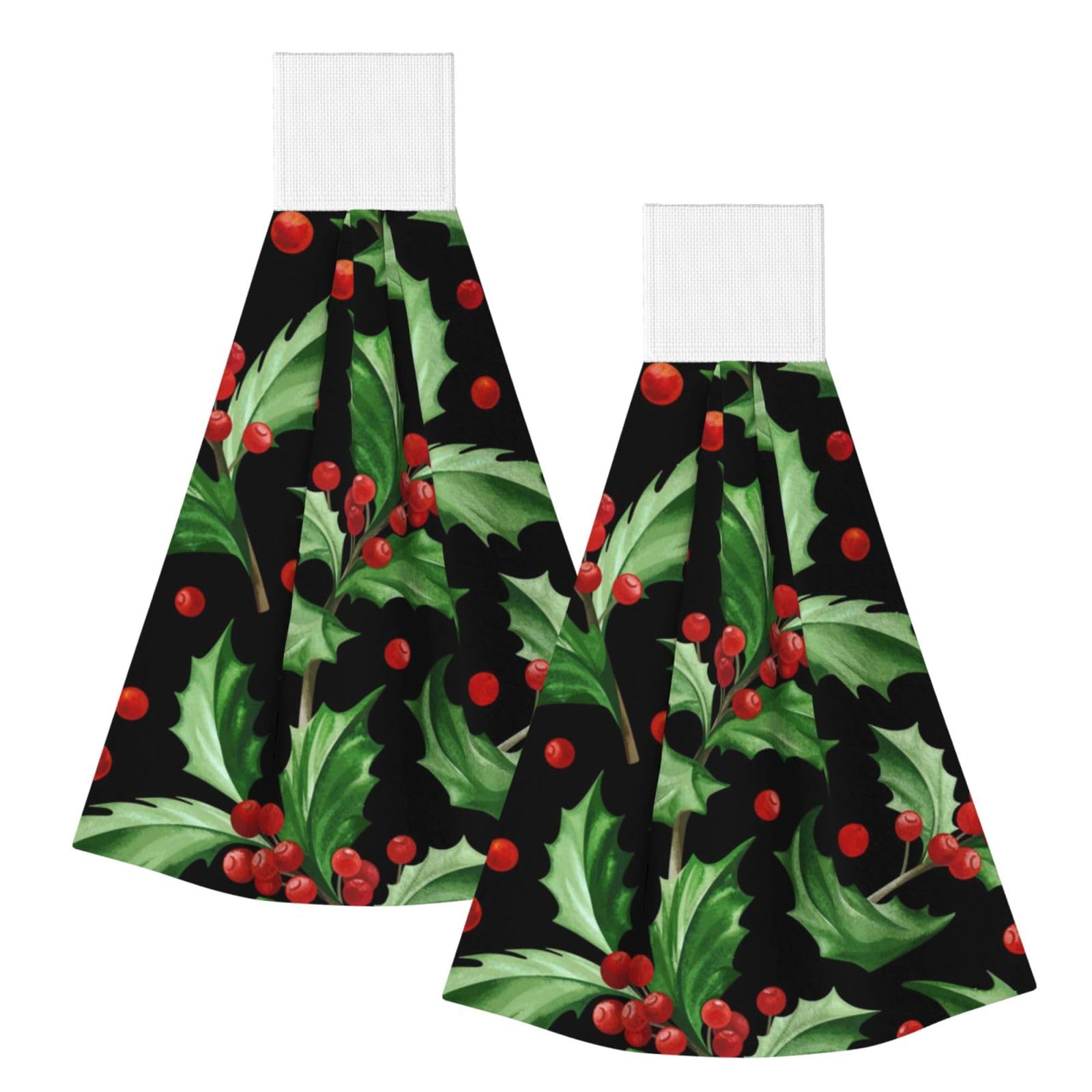 DOPKLNA Merry Christmas Holly, 2 Pcs Hanging Coral Fiber Hand Towels for Bathroom, Absorbent Kitchen Towels