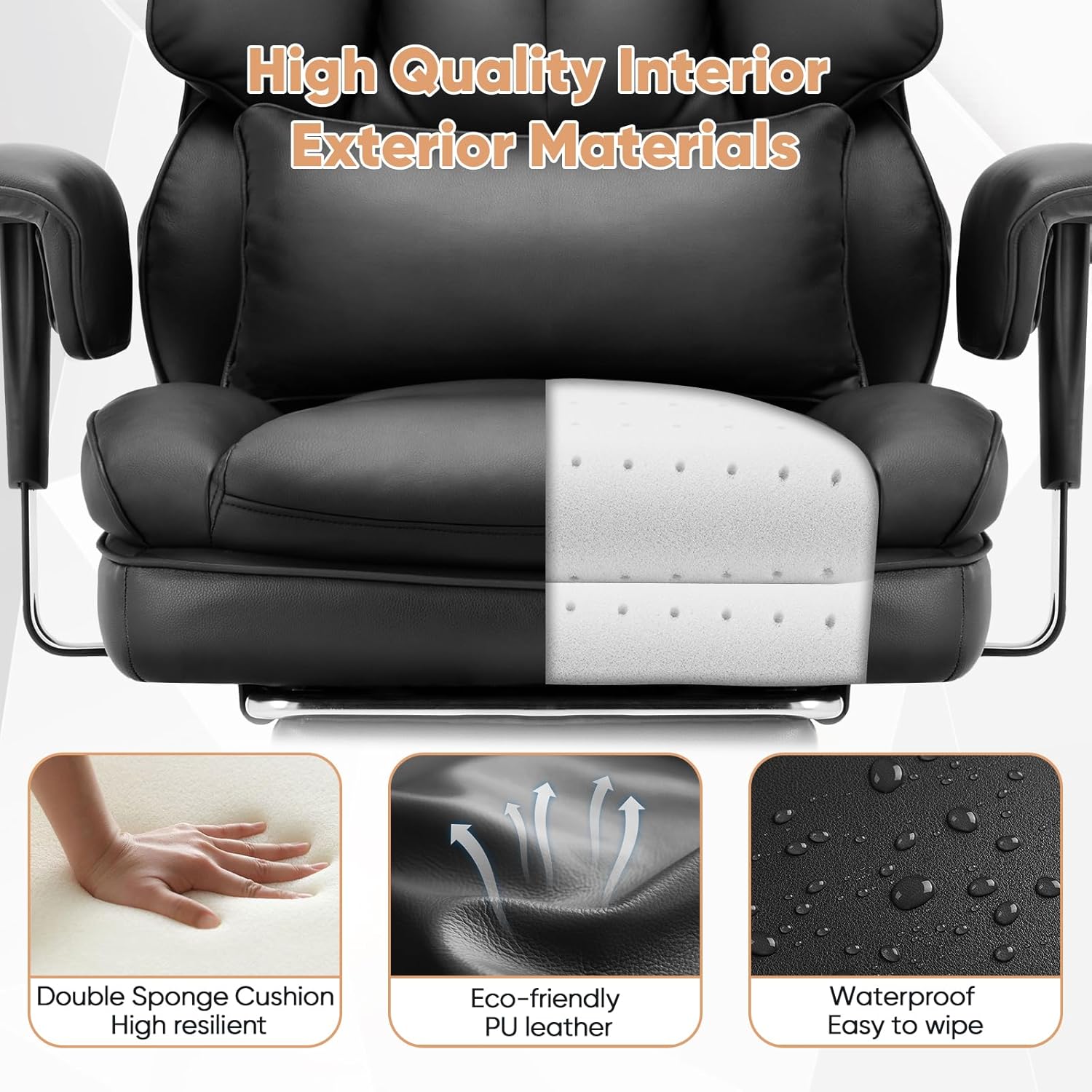 DUMOS Executive Home Office Desk Chair Ergonomic Big Tall High Back with Footrest & Lumbar Support, Reclining Height Adjustable Comfy PU Leather Computer Gaming with Swivel Wheels, Black - Image 6