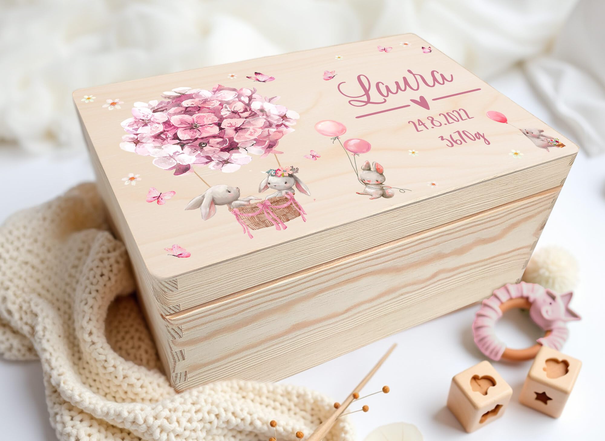 Little Deco Personalisierte Erinnerungskiste Baby Holzkiste | L - 40 x 30 x 22 cm | Hasen Geschenk Geburt Aufbewahrungskiste Geburtstag Spielzeugkiste für Mädchen XHL1023-01L