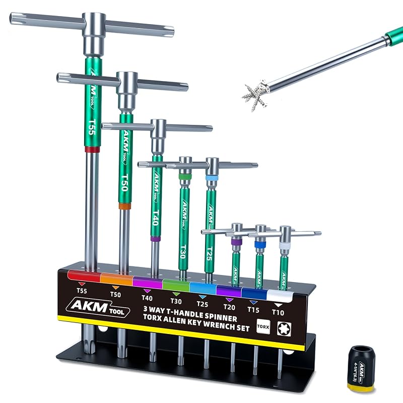 Kit de Chaves Torx com Cabo em T Deslizante 3 Vias AKM TOOL T10 a T55, 9 Peças