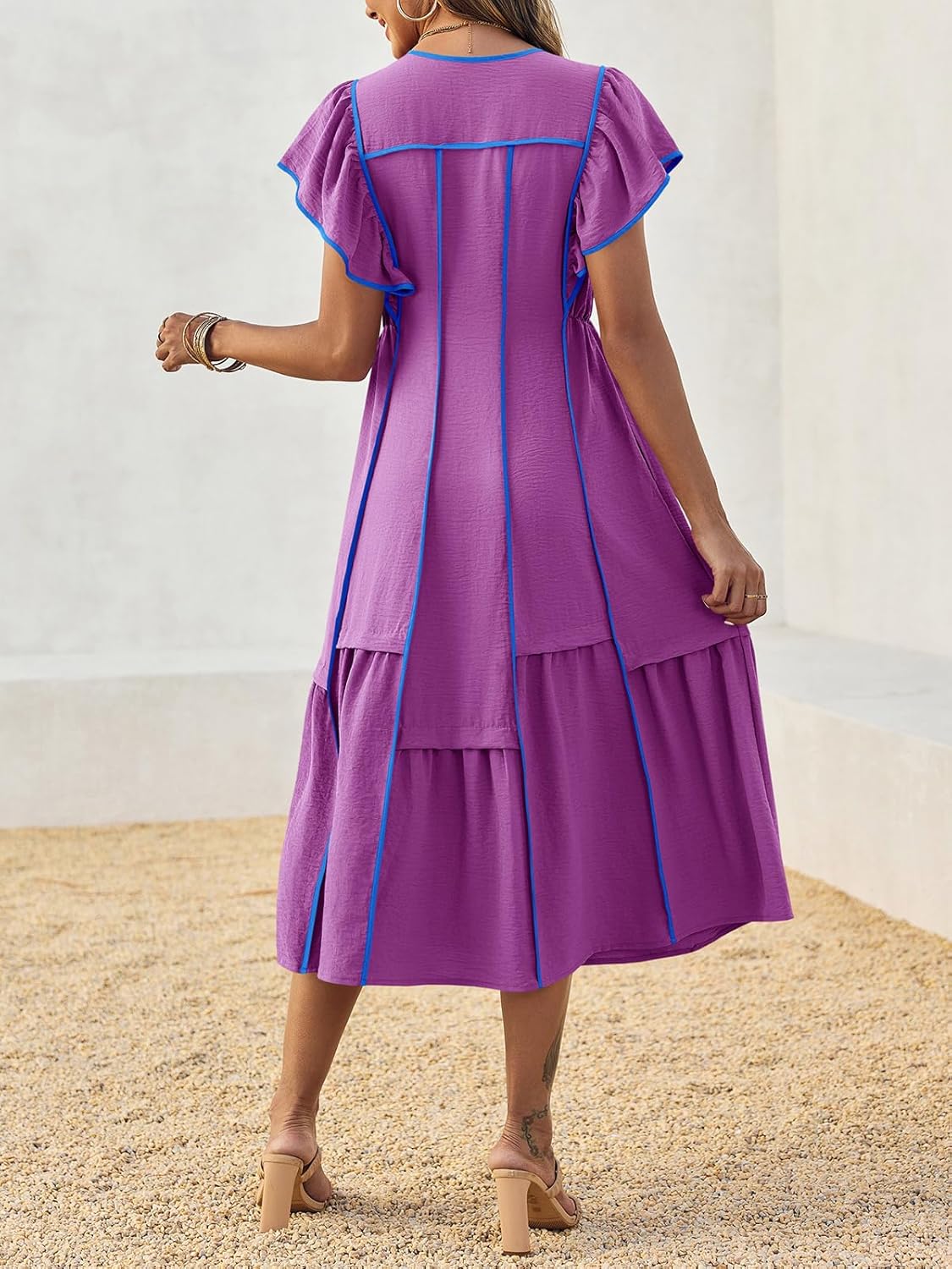 Wenrine Womens Summer V Neck Midi Dress Casual Ruffle Sleeve Contrast Color Loose Fit Flowy Long Dresses - Image 4