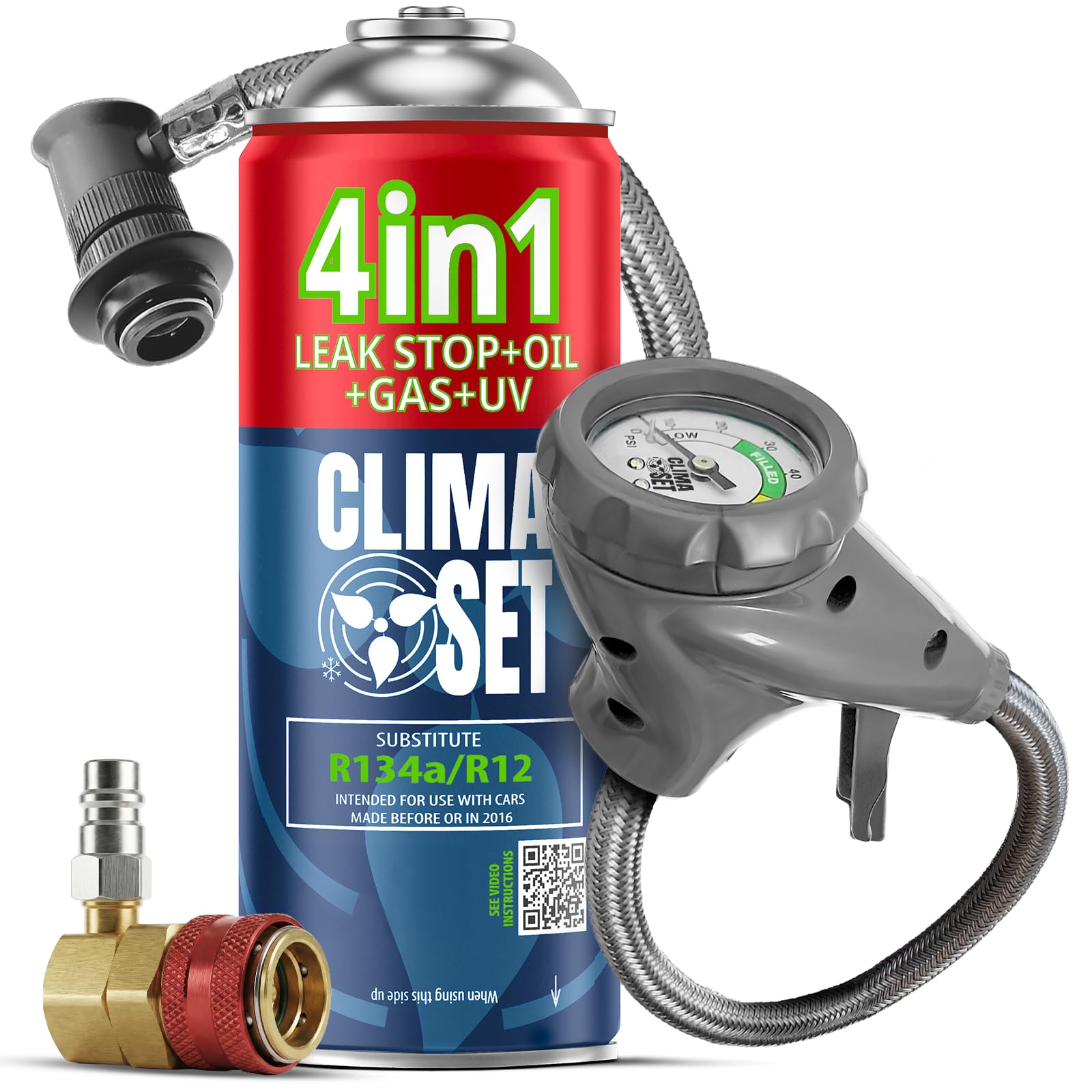 CLIMASET - Kit de recarga de aire acondicionado para coche - Kit 4 en 1 para refrigerante R134a + manguera + adaptador de alta/baja presión - Para vehículos de 1994 a 2016, moderna y fácil de usar