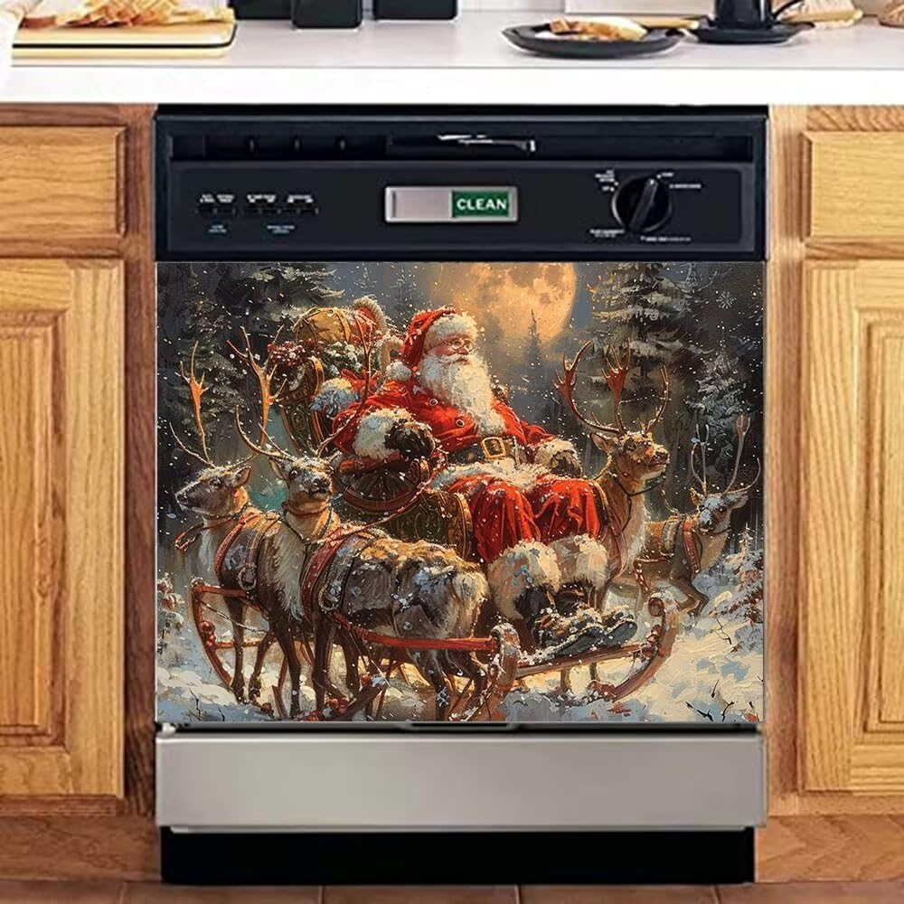 Santa Claus Refrigerator Door Decal Christmas Dishwasher Cover Winter Refrigerator Magnet Cover Decal Home Decor Vinyl Magnet Appliance Sticker 23x17 Inch Magnetic