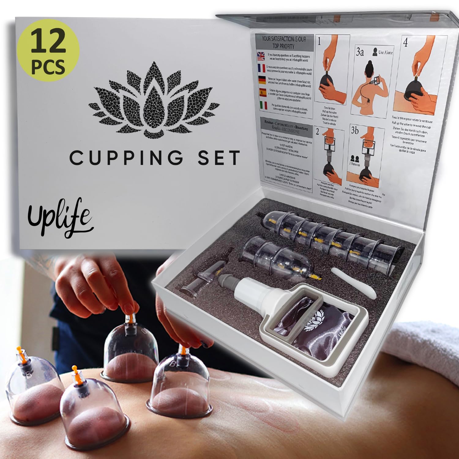 Uplife Kit de 12 Ventouses Thérapeutiques -Instructions en Français- Ventouses Chinoises et Kiné pour Massage Anti Cellulite et Cupping - Ventouses Dos et Kinesithérapie - Kit Hijama Professionnel