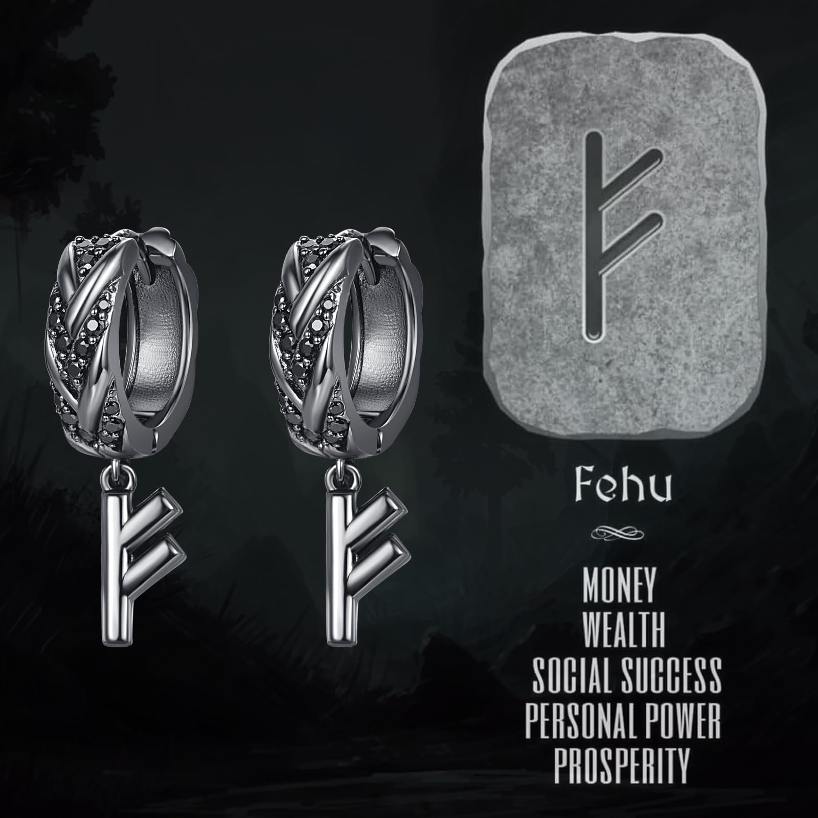 KINGWHYTE Huggie Drop Earrings 925 Sterling Silver Viking Rune Earring Birthday Jewellery Gifts for Women Men