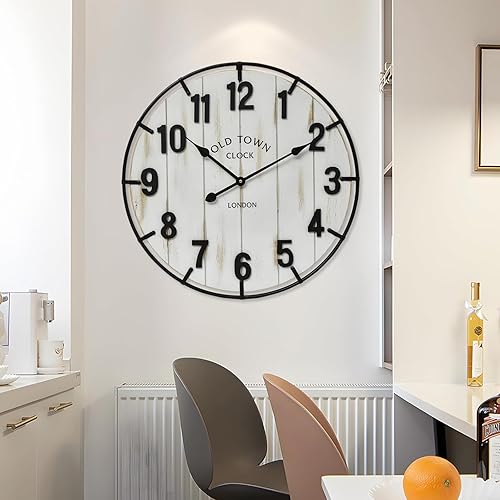 Miniatura 7 de Reloj de pared grande con diseño de casa de campo antiguo de 24 pulgadas, madera rústica antigua con círculo de metal y números grandes, reloj