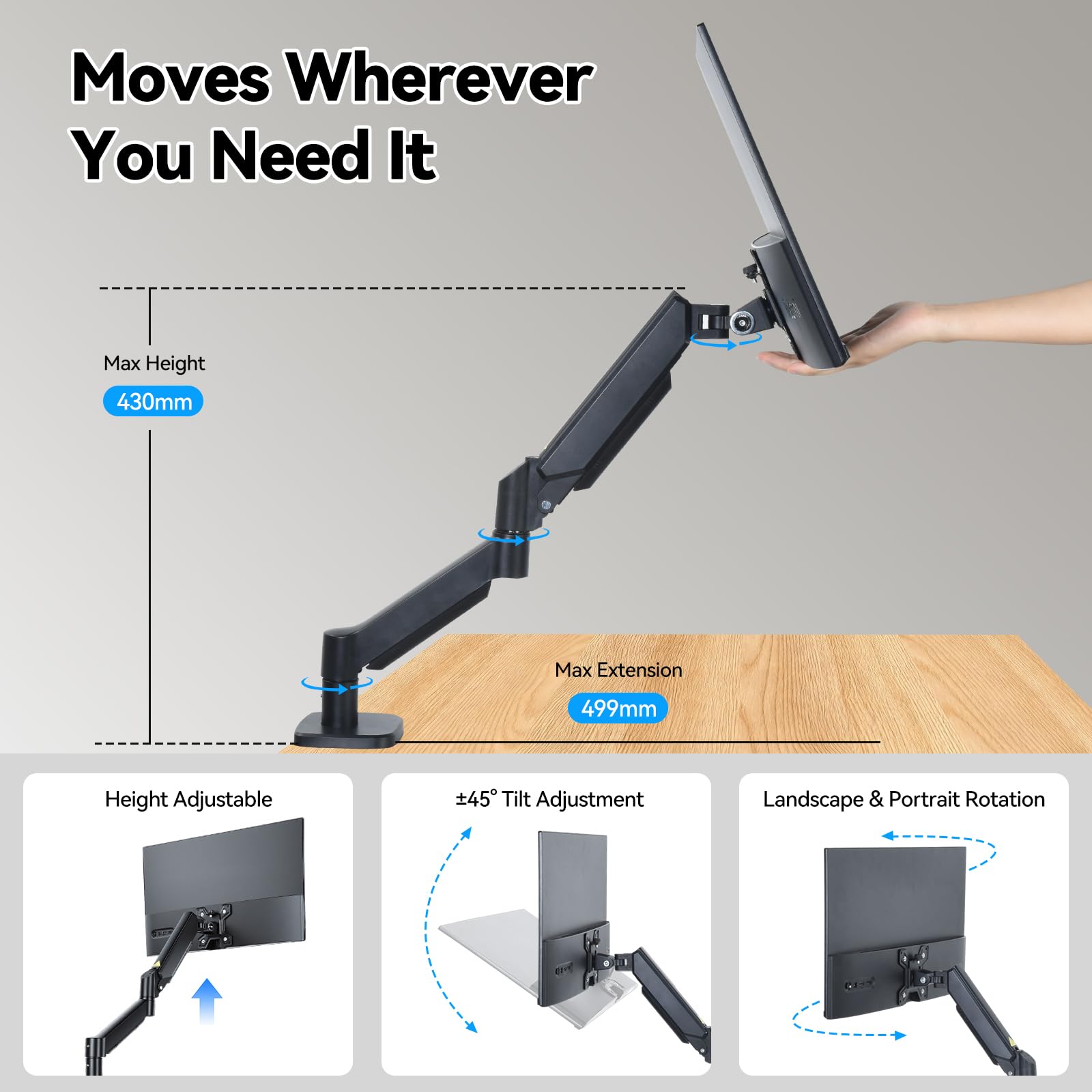 aceyoon Supporto da tavolo per monitor singolo per schermi da 13 a 32 pollici, supporto regolabile per monitor con gestione dei cavi, fino a 10 kg, installazione rapida, supporto per monitor del