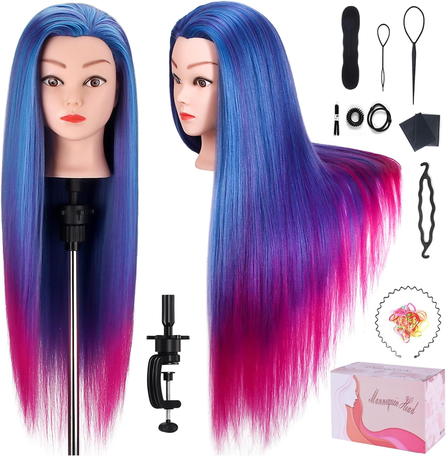 Beauty Star 29 Inches 100% Synthetic Fiber Hair Training Head Cosmetology Hairdressing Mannequin Manikin Doll Head with Table Clamp Holder & DIY Hair Braid Set