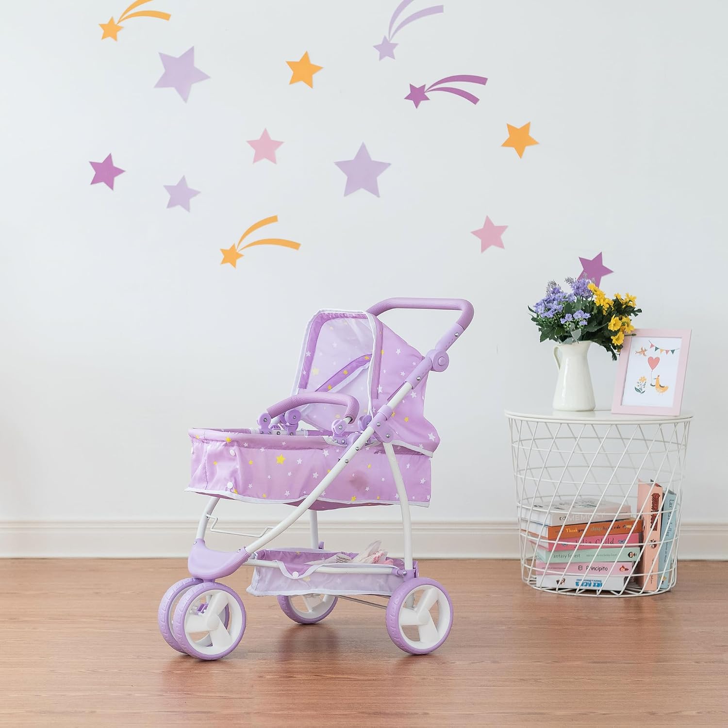 Olivia's Little World - Play Baby Doll Bassinet Stroller for Toddler, Baby Doll Pram Stroller Buggy for 3+ Year Old Girls, Twinkle Stars Princess 2-in-1 Baby Doll Stroller for Kids - Purple image 4