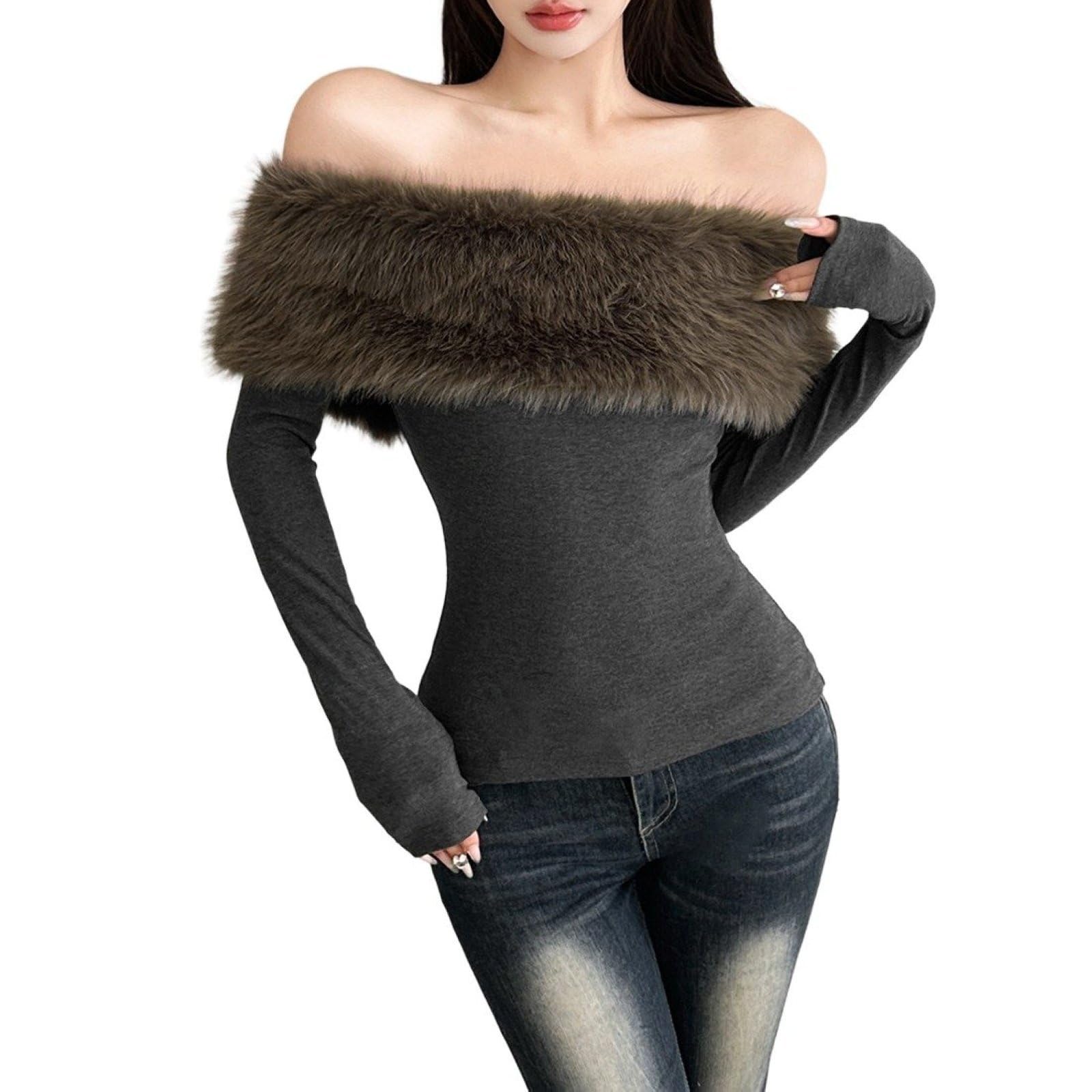 T-Shirts Courts Pour Femmes En Fausse Fourrure Épaules Dénudées Coupe Slim Mignons Mode Automne-Hiver