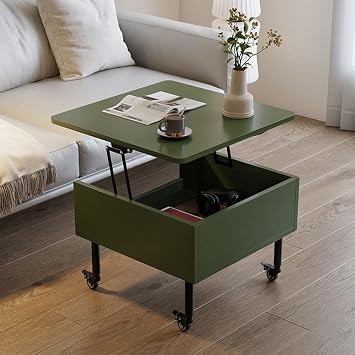 Lift-Top Coffee Table with Storage Living Room Table with Hidden Compartments Cabinet & Open Shelf Flip Top Center Table Pull-Up Coffee Table for Home and Office Green