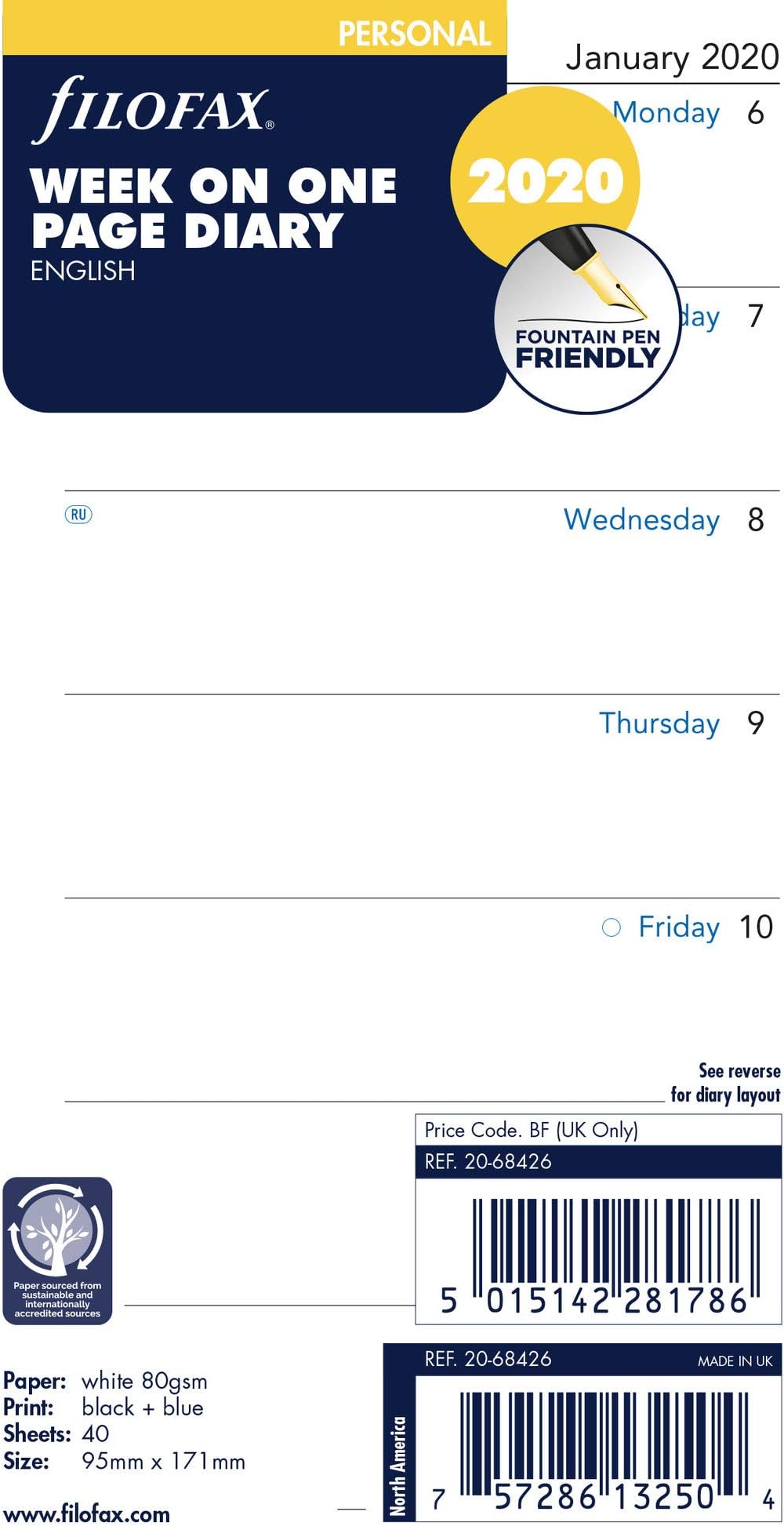 Filofax 2020 Personal/Compact Week per Page Refill, Jan 2020- Dec 2020, 6.75 x 3.75 inches (C68426-20)
