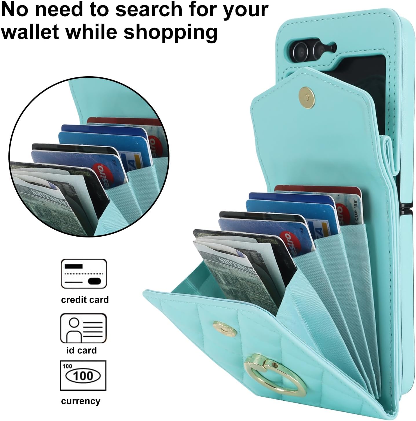 for Samsung Galaxy Z Flip 5 Wallet Phone Case with Ring and Adjustable Crossbody Strap, Stylish and Muti-funtional Accordion Style Flip Case with 4 Card Slots .(Green)