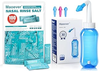 MAOEVER Neti Pot with 130 Nasal Wash Salt Packets Sinus Rinse Bottle Nose Wash Cleaner Pressure Rinse Nasal Irrigation for Adult & Kid BPA Free 300 ML Sticker Thermometer