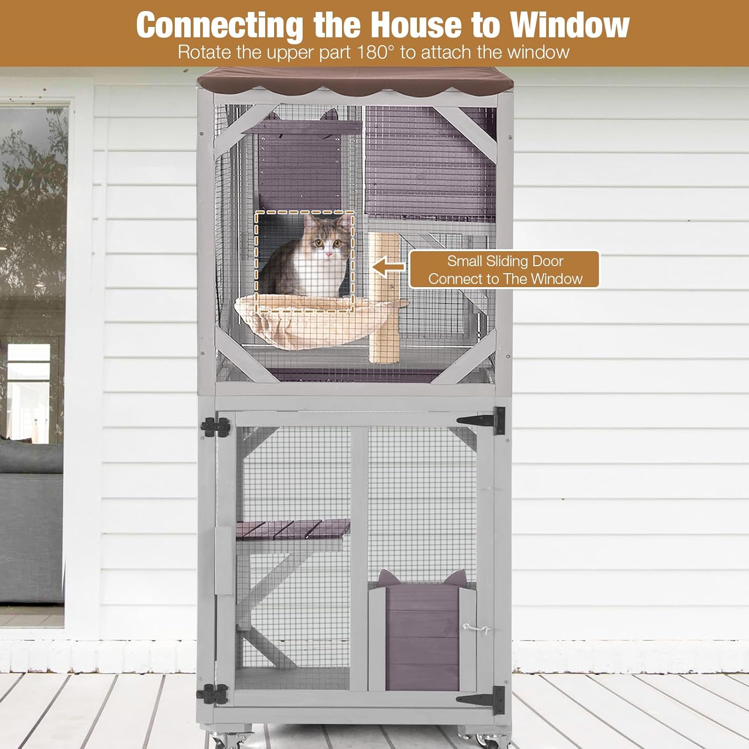 Catio Outdoor Cat Enclosure, 4 Tiers Outdoor Cat House with Wheels, Kitty Cages Indoor Large Window Catio -Waterproof Roof