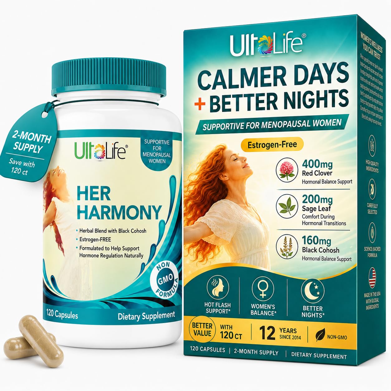 UltaLife Her Harmony Menopause Supplements for Women - Hot Flashes Menopause Relief & Hormone Balance for Women - Contains Black Cohosh, Dong Quai, Red Clover & More - Estrogen Free - 60 Capsules — Amazon image 8