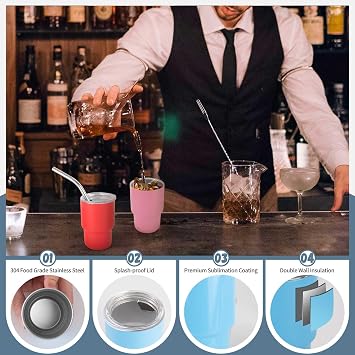LEIMO KPARTS 3 Oz Mini Tumbler Shot Glass With Straw And Lid,6 Pcs Colored Stainless Steel Sublimation Tumblers Cute Double Wall Vacuum Insulated Cups,mini Shot Glass Tumbler With Lid And Straw