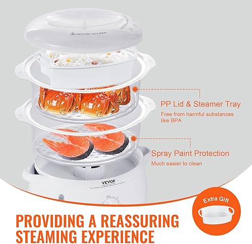 Miniatura 5 de VEVOR Vaporizador eléctrico de alimentos, vaporizador eléctrico de verduras de 7.4 cuartos de galón con bandejas apilables de 2 niveles, vaporizador
