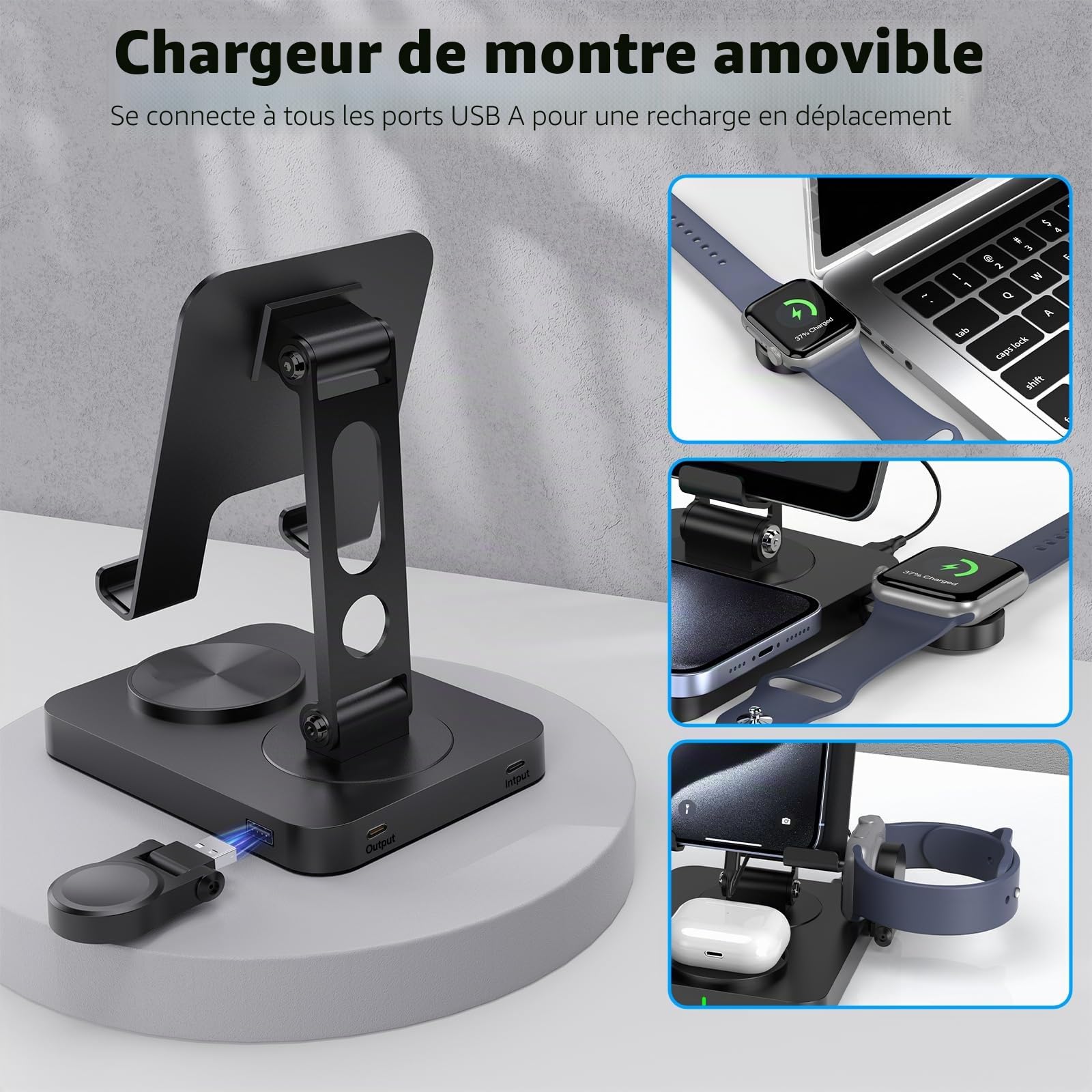 Chargeur sans Fil pour Apple, Station de Charge Multiple 3 en 1 pour iPhone 16/15/14/13/12, Chargeur pour Apple Watch 10/9/8/7/6/SE/5, Chargeur pour AirPods 4, Support de Station de Charge pour iPad