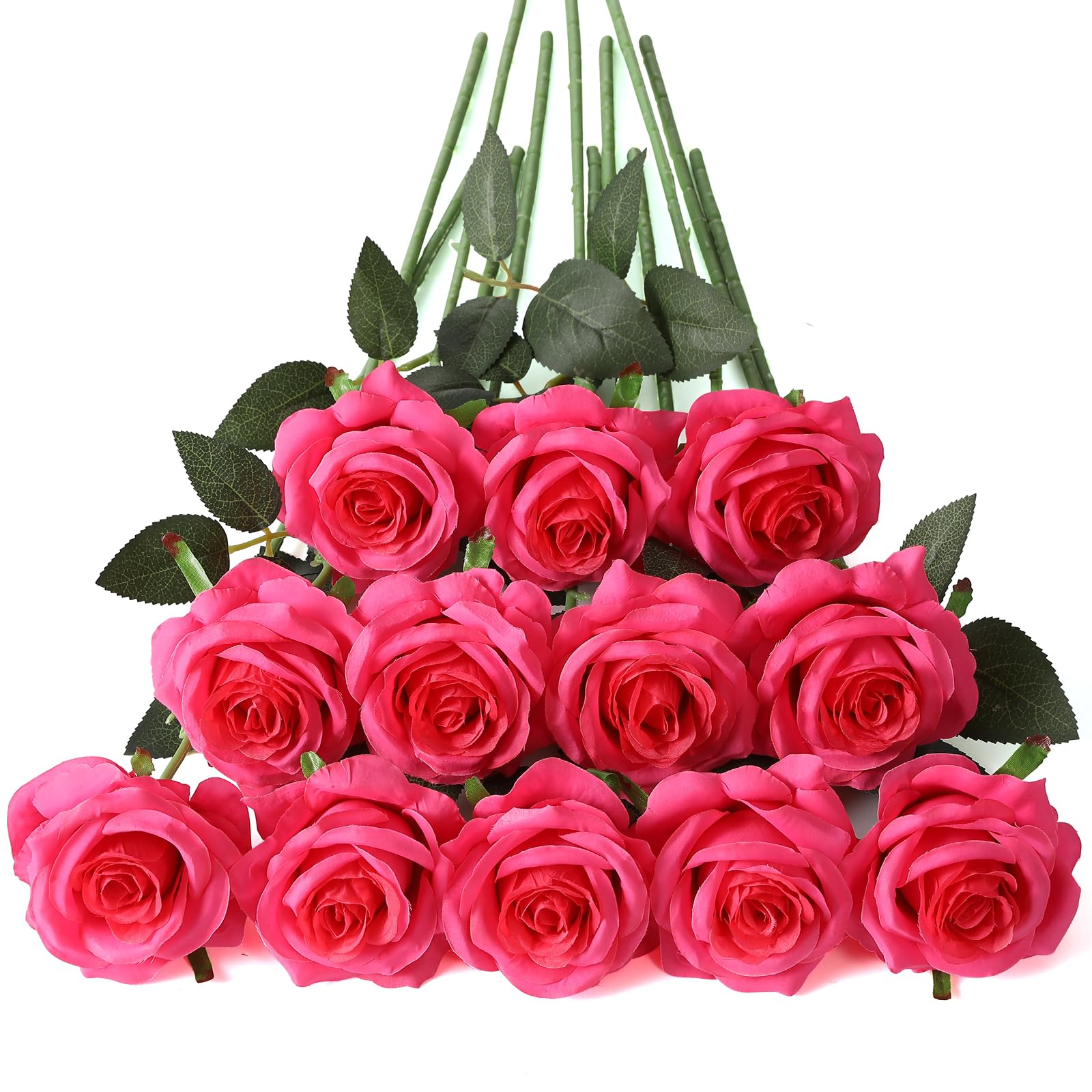 Tifuly 12Pcs Artificial Roses with Long Stem,Hot Pink Single Fake Roses