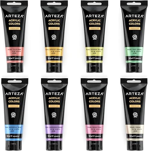 Miniatura 8 de ARTEZA Pintura acrílica pastel, juego de 8, tonos metálicos, tubos de 4.06 onzas líquidas, pintura a base de agua de alta viscosidad, acabado