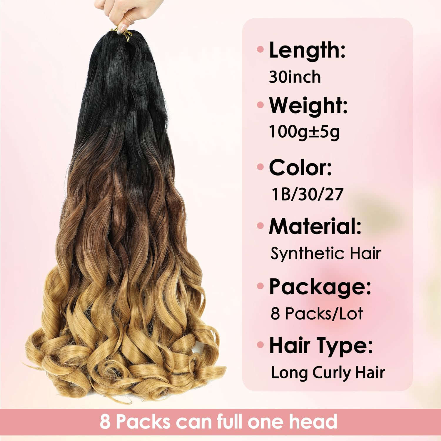 French Curly Braiding Hair 8 Packs 30 Inch French Curls for Box Braids 100G/Pack Loose Wave Braiding Hair Synthetic Spanish Curly Hair Extensions for Women(30 Inch 8Packs, 1B/30/27)