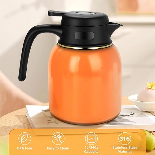 Miniatura 3 de Beyoung Jarra térmica de café de 34 onzas, jarra de café aislada de acero inoxidable, jarra de café al vacío de doble pared para mantener el café